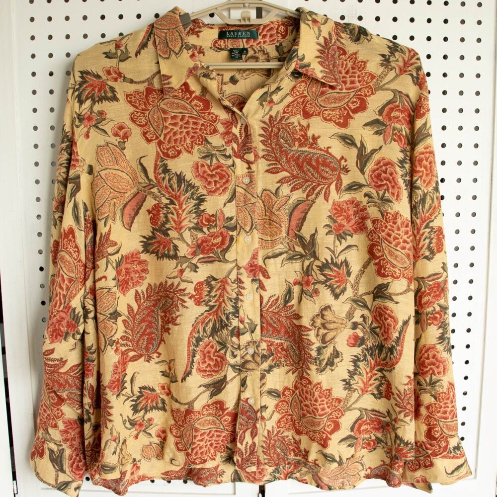 Lauren Ralph Lauren Womens SIZE 3X Silk Blend Floral Print Button Down Shirt